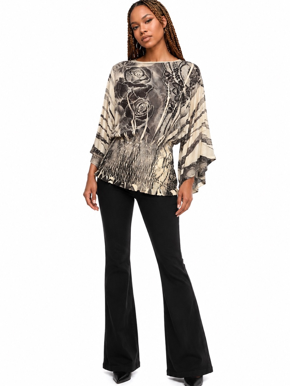 Design Works Rose Print Ruched Blouse